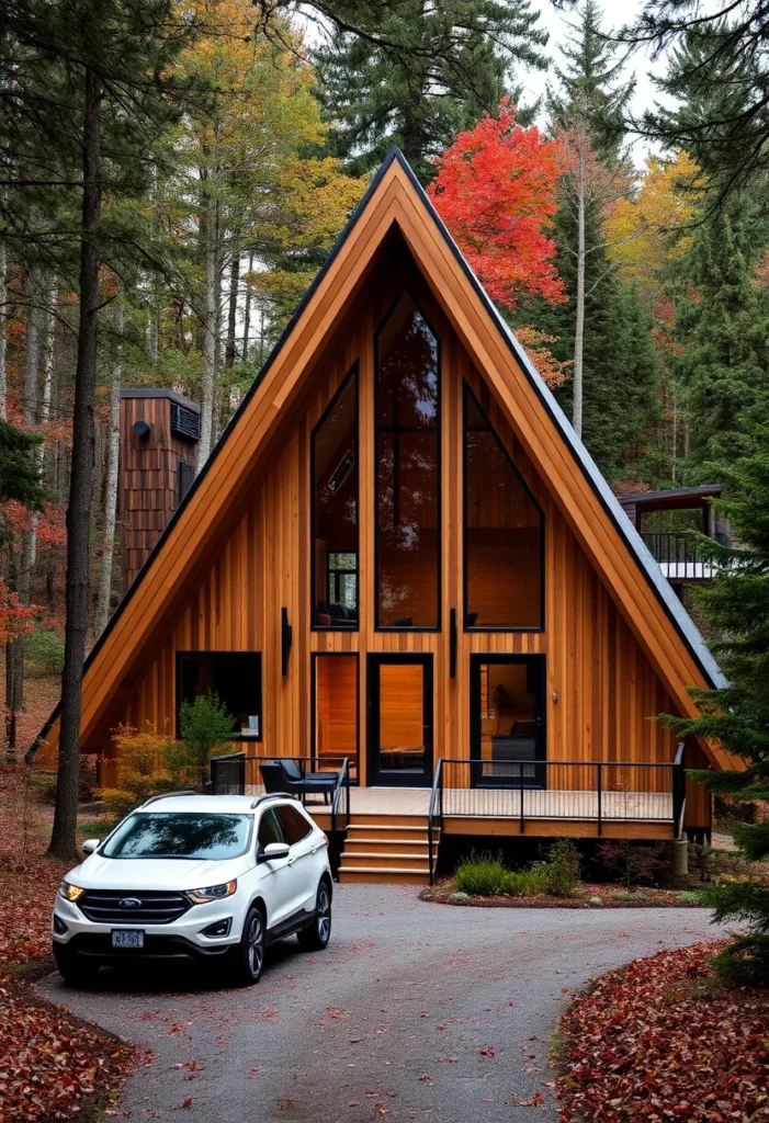 A-frame cabin nestled on a hillside with fall colors.