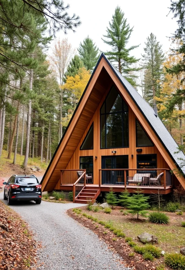 A-frame cabin with a large deck in a forest clearing.