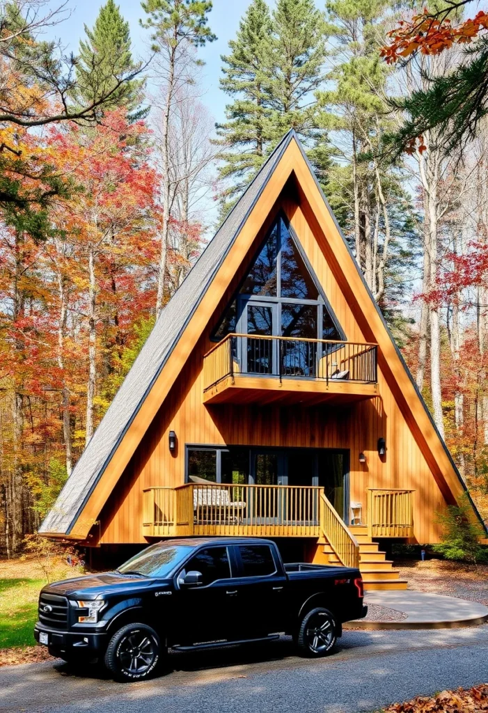 A-frame cabin with multiple decks, balcony, and fall foliage.