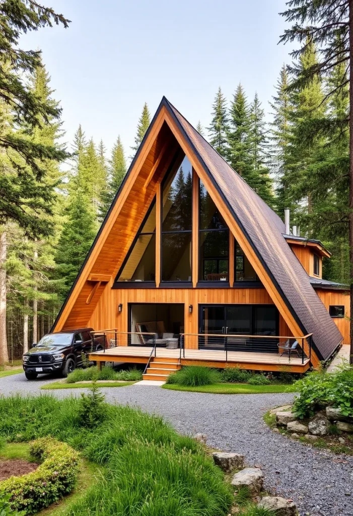 Cozy A-frame tiny house cabin in the woods.