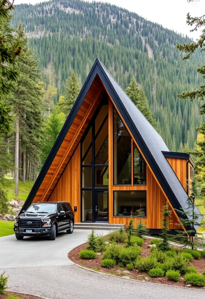 Large A-frame cabin with mountain view.