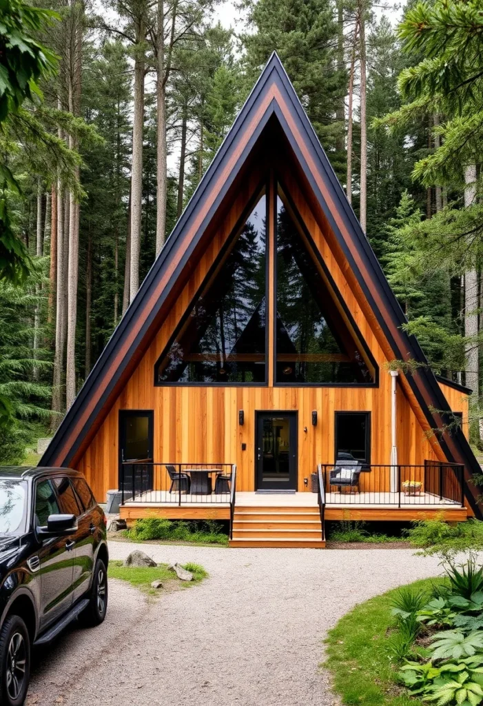 Contemporary A-frame cabin with black trim and large deck.