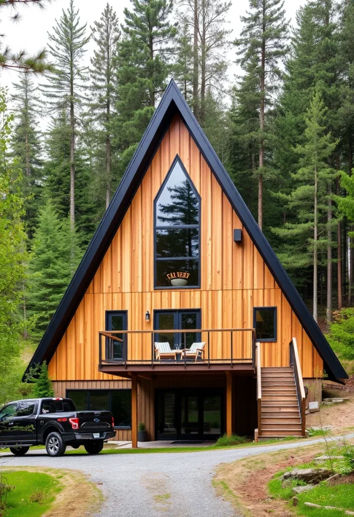 A-frame cabin with elevated deck and wood siding.