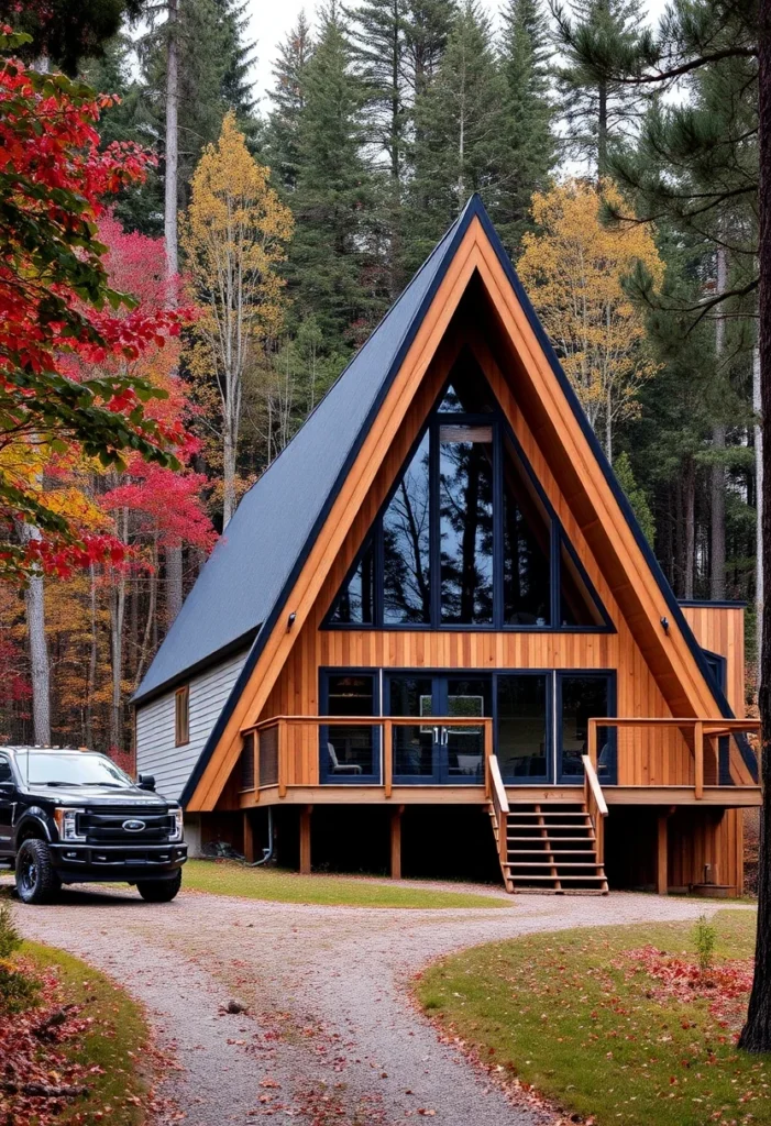 A-frame cabin with mixed material exterior and large deck.