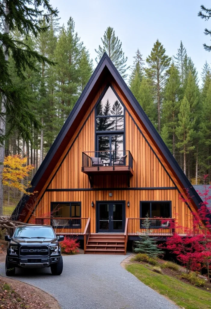 Modern A-frame cabin with dark trim and wood siding.