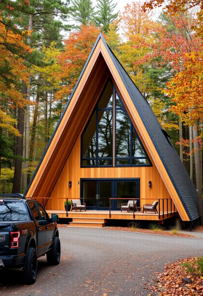 Classic A-frame cabin surrounded by fall foliage.