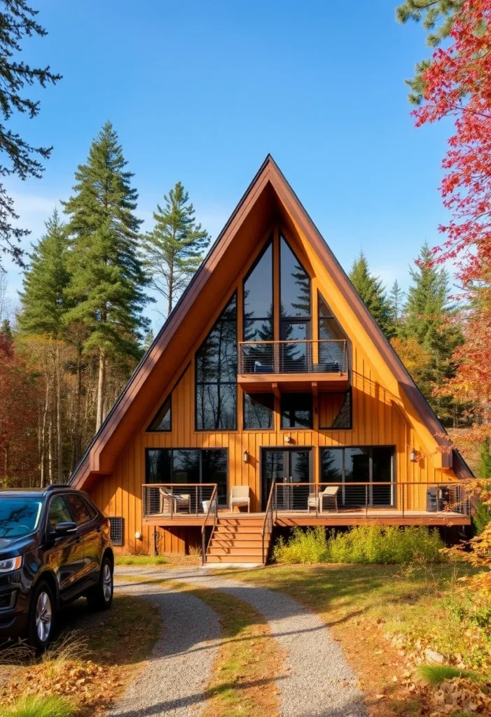 A-frame cabin with multiple decks under a clear blue sky.