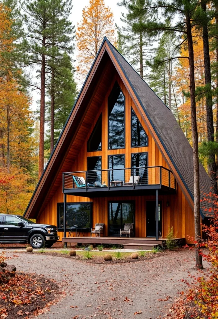 A-frame cabin with balcony and a mix of wood siding.