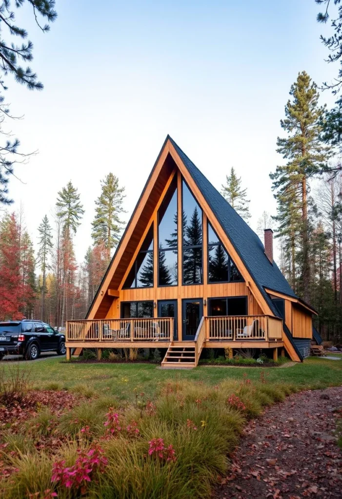 A-frame cabin with a large wraparound deck.