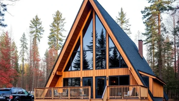 A-frame cabin with a large wraparound deck.