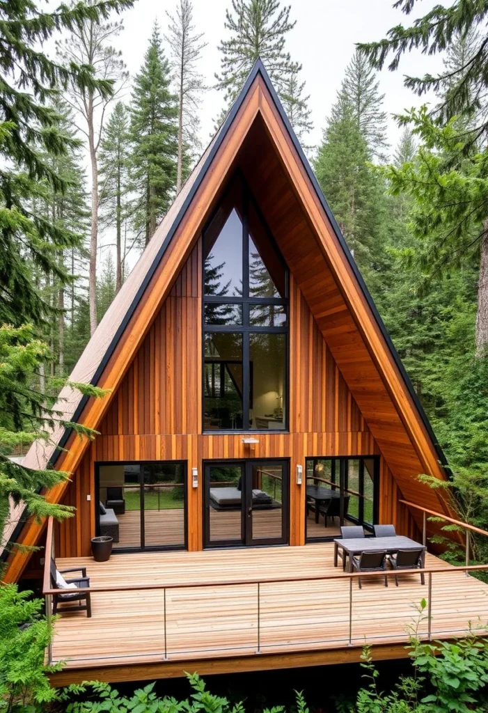 dreamy A-frame cabins with large deck nestled among trees.