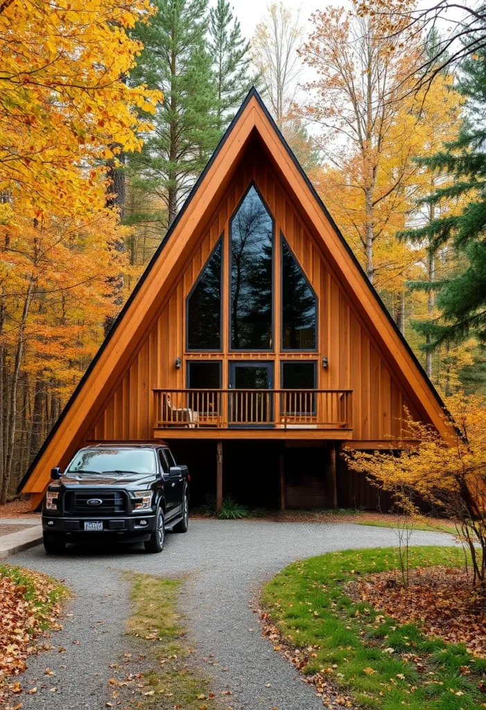 dreamy A-frame cabins with a small balcony surrounded by autumn trees.