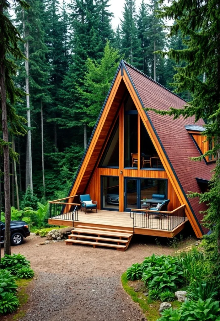 A-frame cabin with large deck nestled among tall trees.