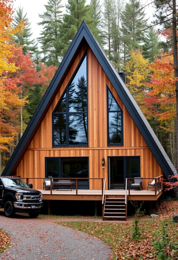 A-frame cabin with vertical wood siding and dark trim.