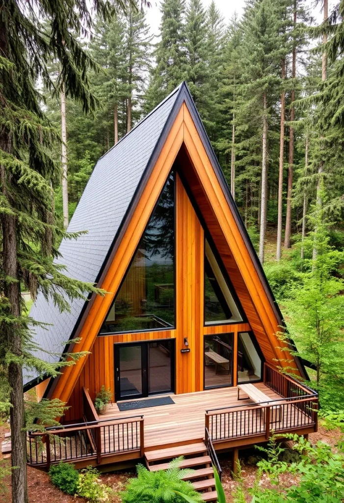 Secluded A-frame cabin with wraparound deck in the woods.