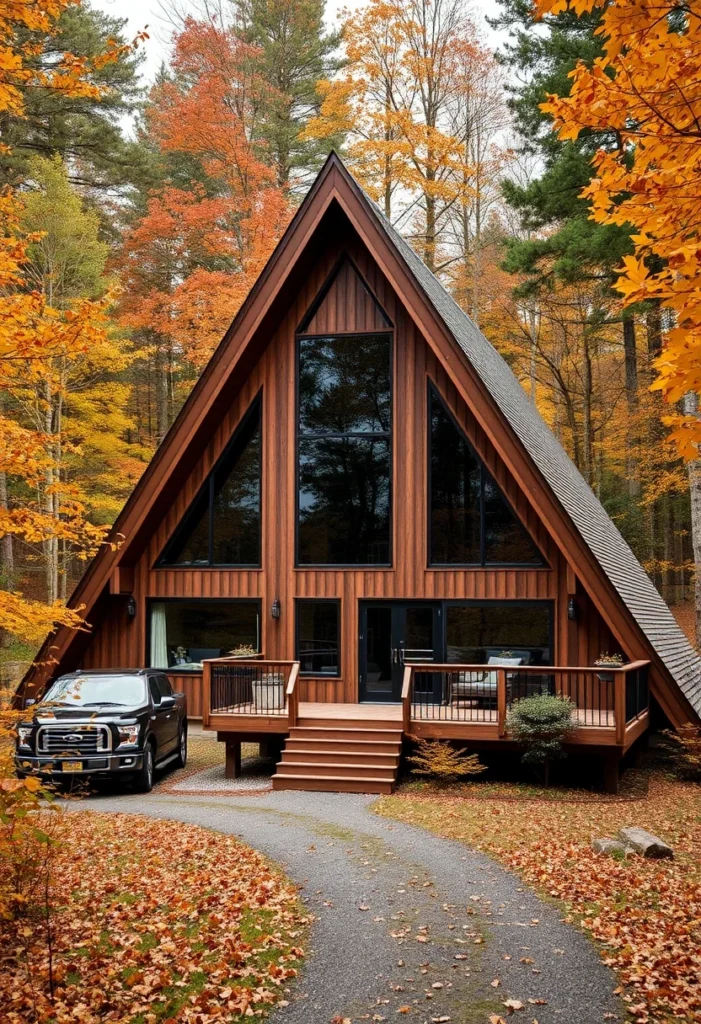 A-frame cabin surrounded by autumn leaves.