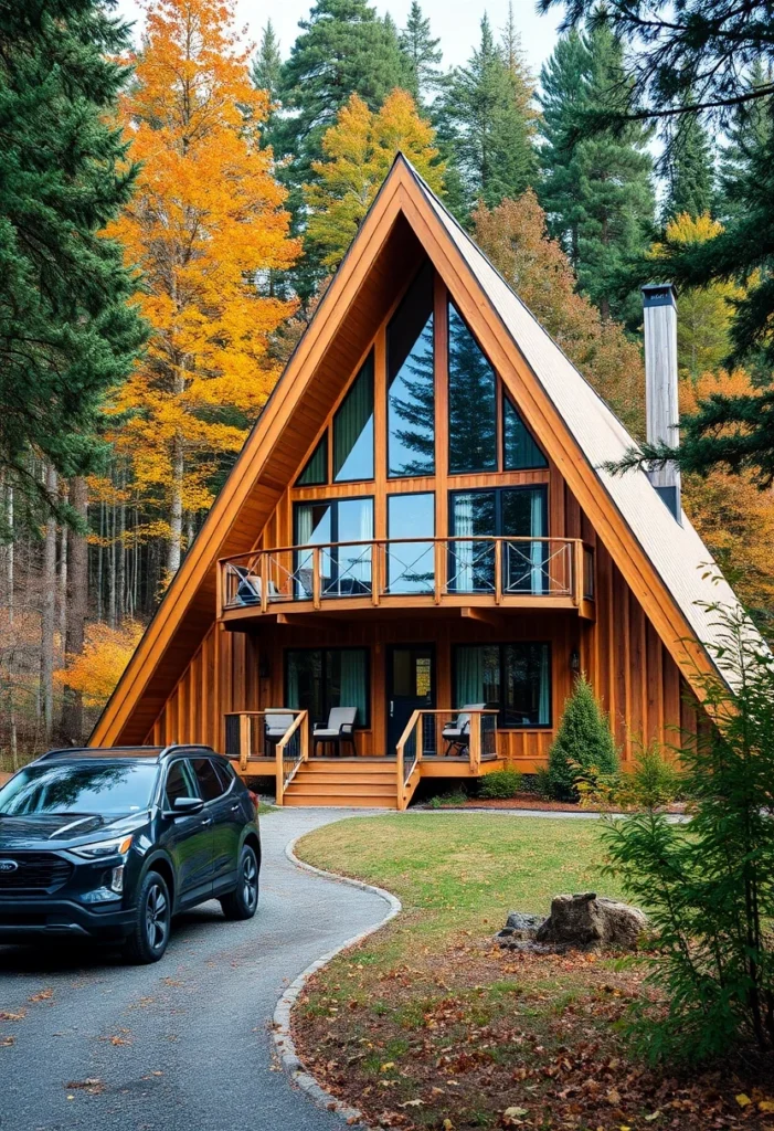 Large A-frame cabin with deck and balcony.