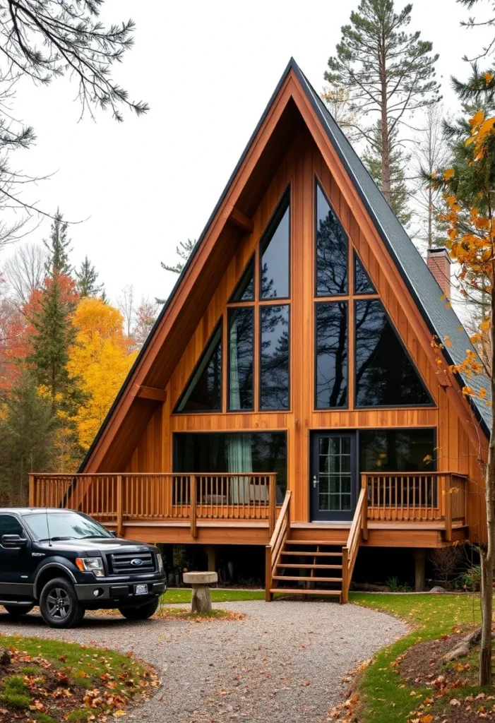 Stately A-frame cabin with large windows and deck.