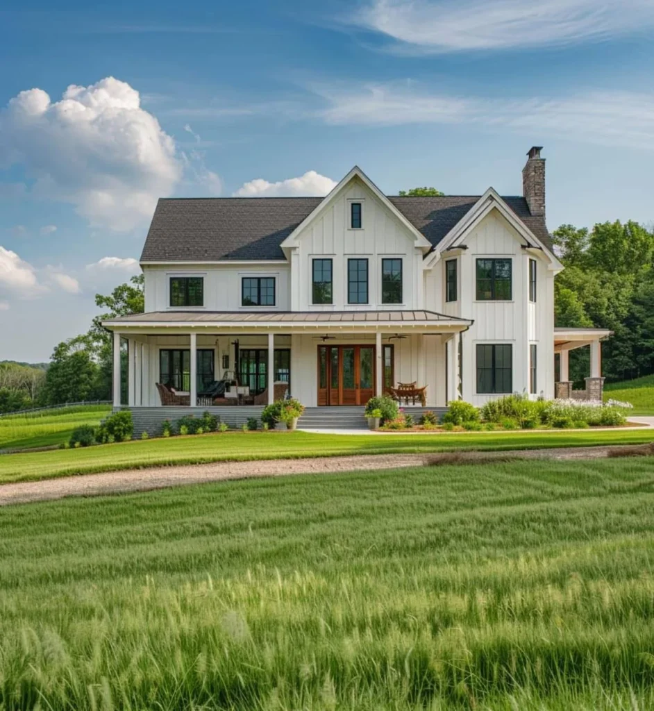 Symmetrical modern farmhouse with dark roof and window trim.