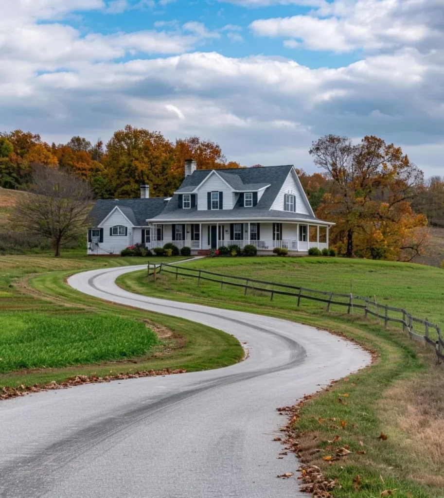 Classic modern farmhouse on a hilltop with a winding driveway.