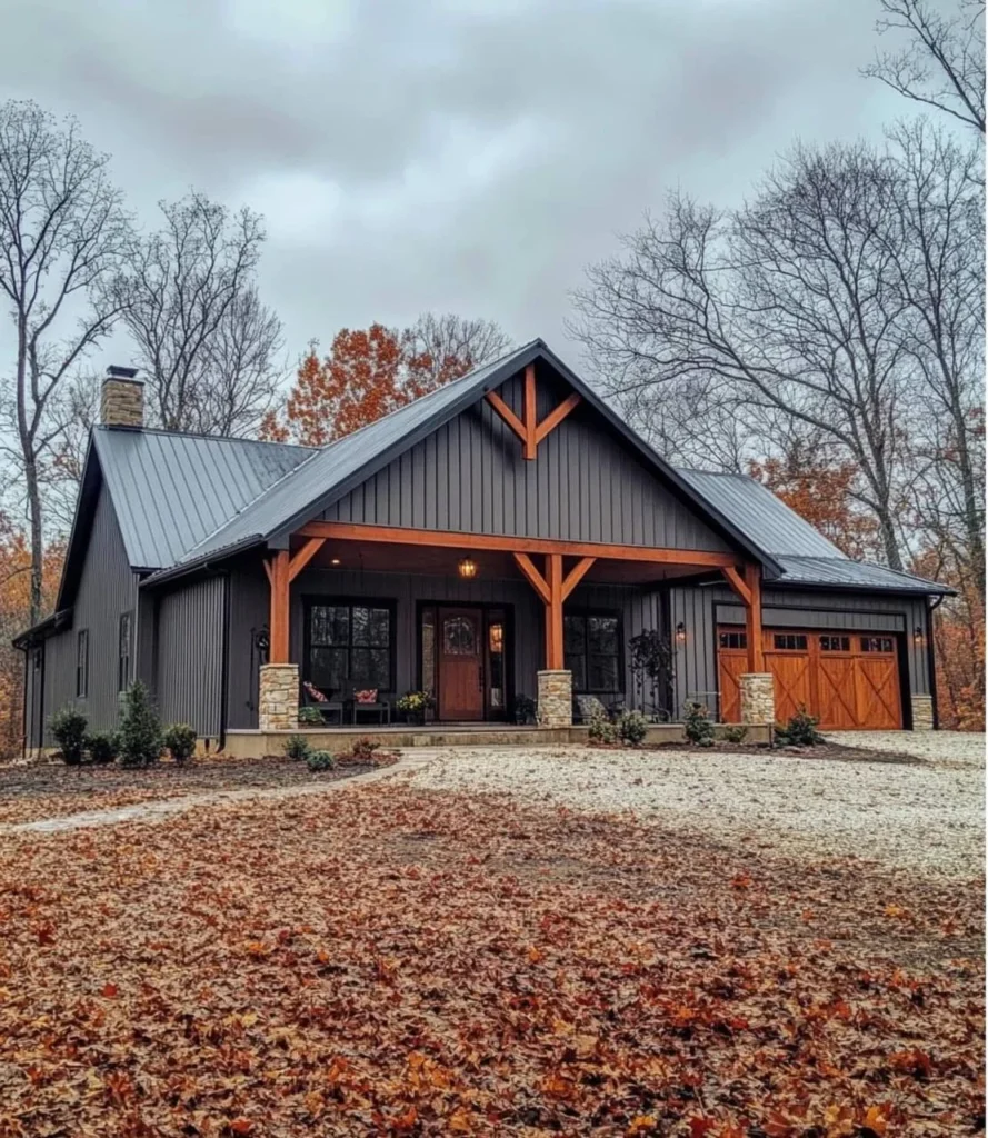 Modern farmhouse, barndominium style, with exposed beams and metal roof.