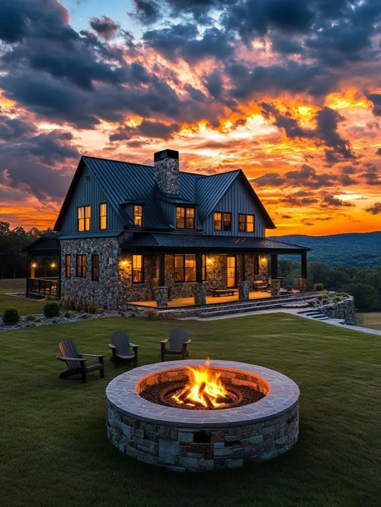 Modern farmhouse exterior with stone accents and fire pit at sunset.