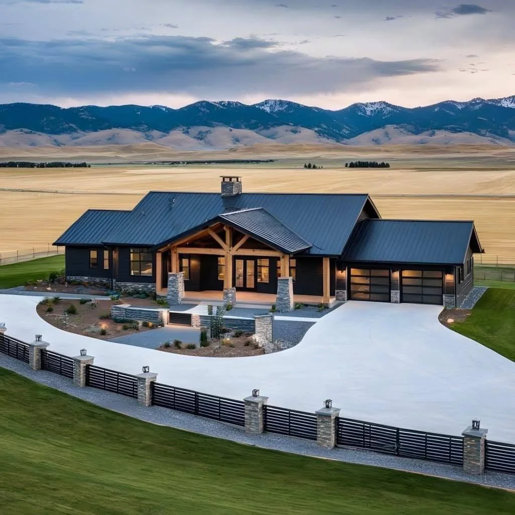 Black modern farmhouse, barndominium style, with mountain views.