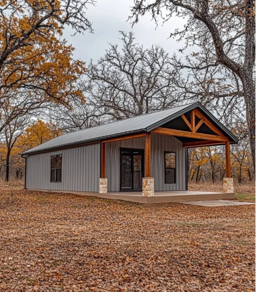 Minimalist modern farmhouse, barndominium style, with light metal siding.