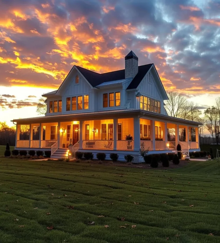 Modern farmhouse with large wrap-around porch at twilight.