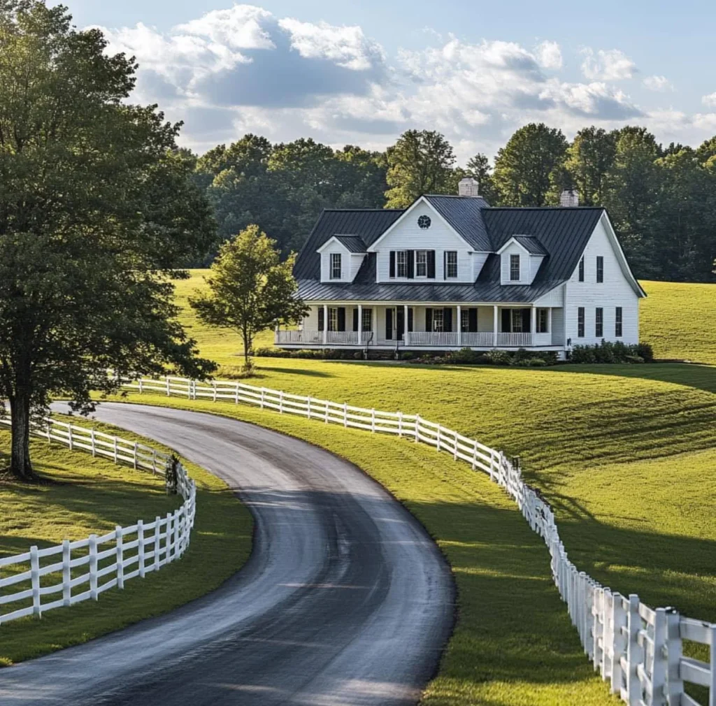 Modern farmhouse with white picket fence and long driveway.