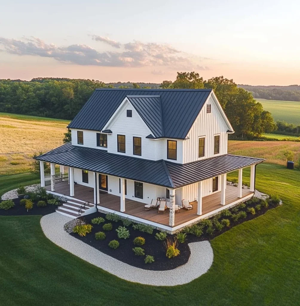 Modern farmhouse aerial view with board and batten siding and wrap around porch.