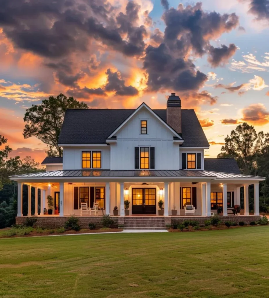 Modern farmhouse, potential homestay cottage, with large porch and sunset view.