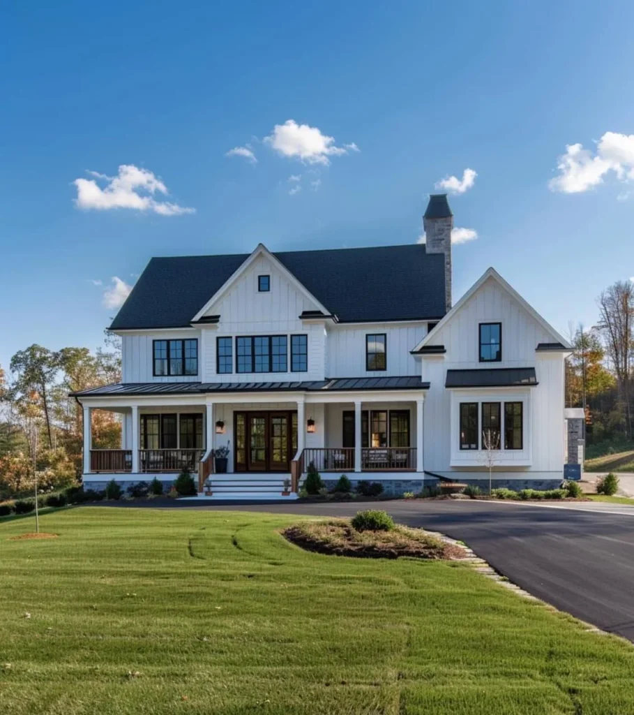 Bright and airy modern farmhouse exterior with dark trim windows.