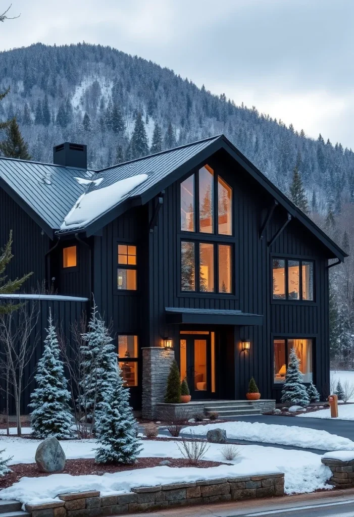 Dark Modern Farmhouse in Winter Setting