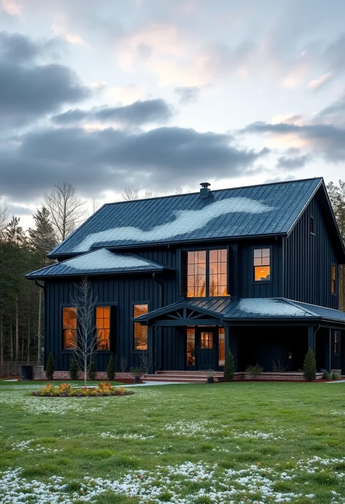 Modern Black Farmhouse at Dusk