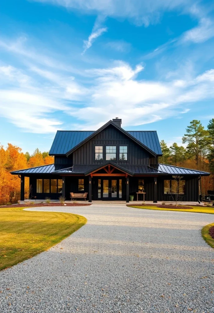 Dark Modern Farmhouse with Gable Roof and Exposed Rafters