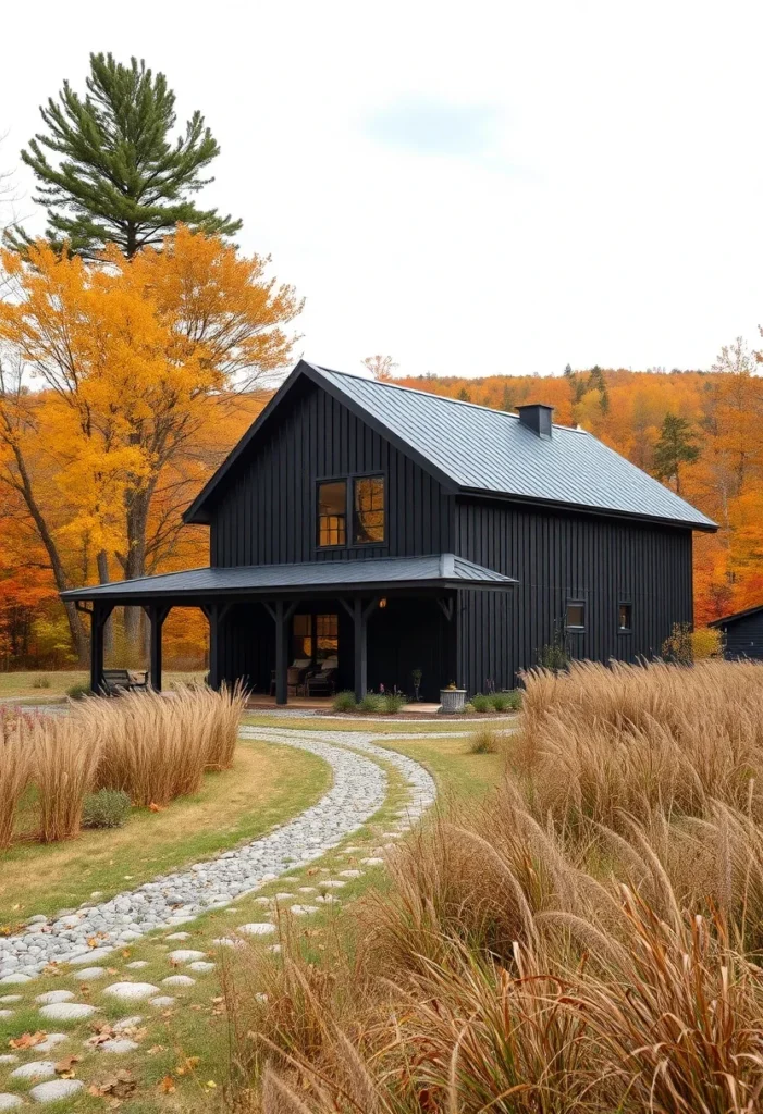 Dark Modern Farmhouse with Stone Pathway