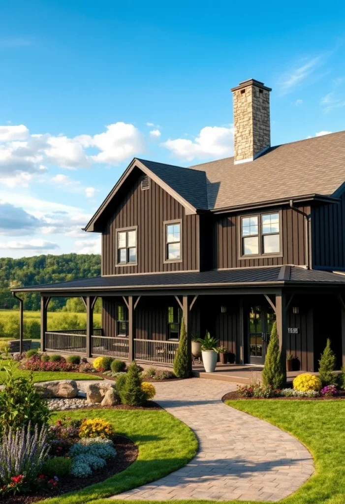 Dark Farmhouse with Stone Chimney and Porch