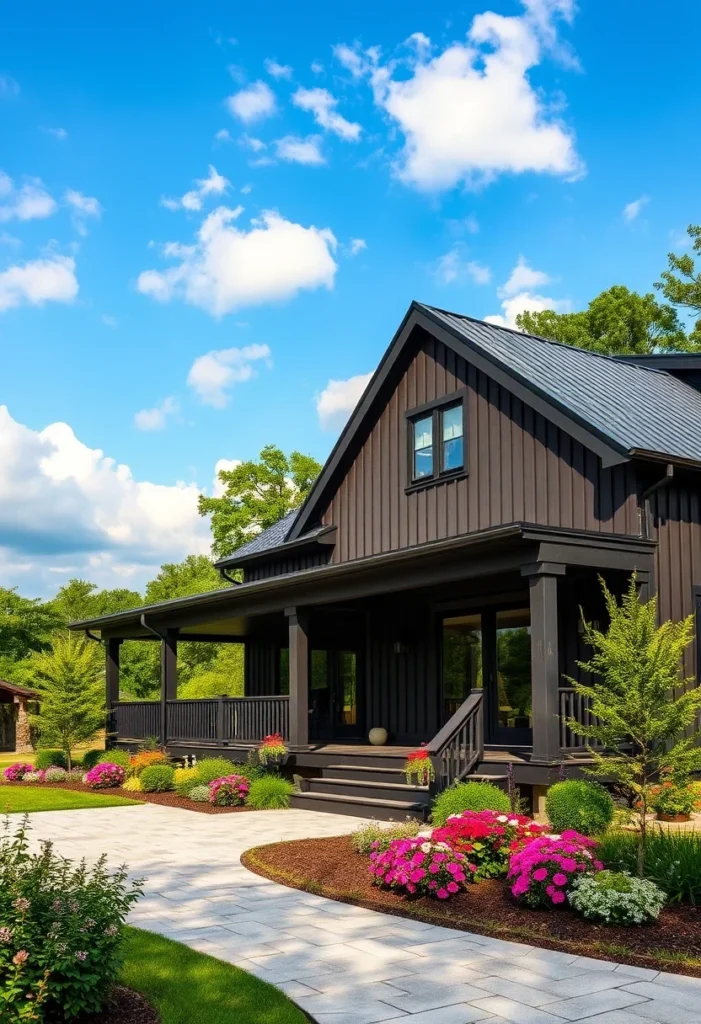 Dark Modern Farmhouse with Colorful Landscaping