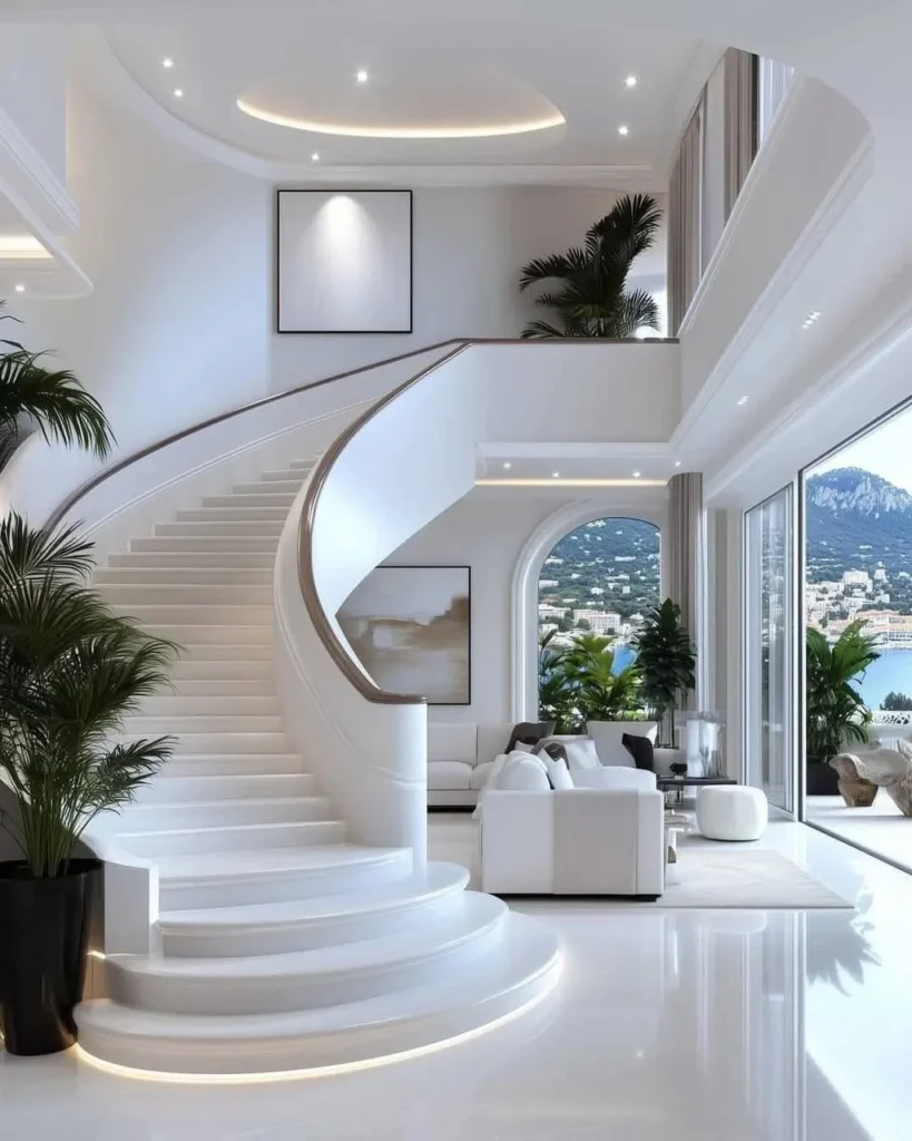 Grand staircase design, curved white luxury home