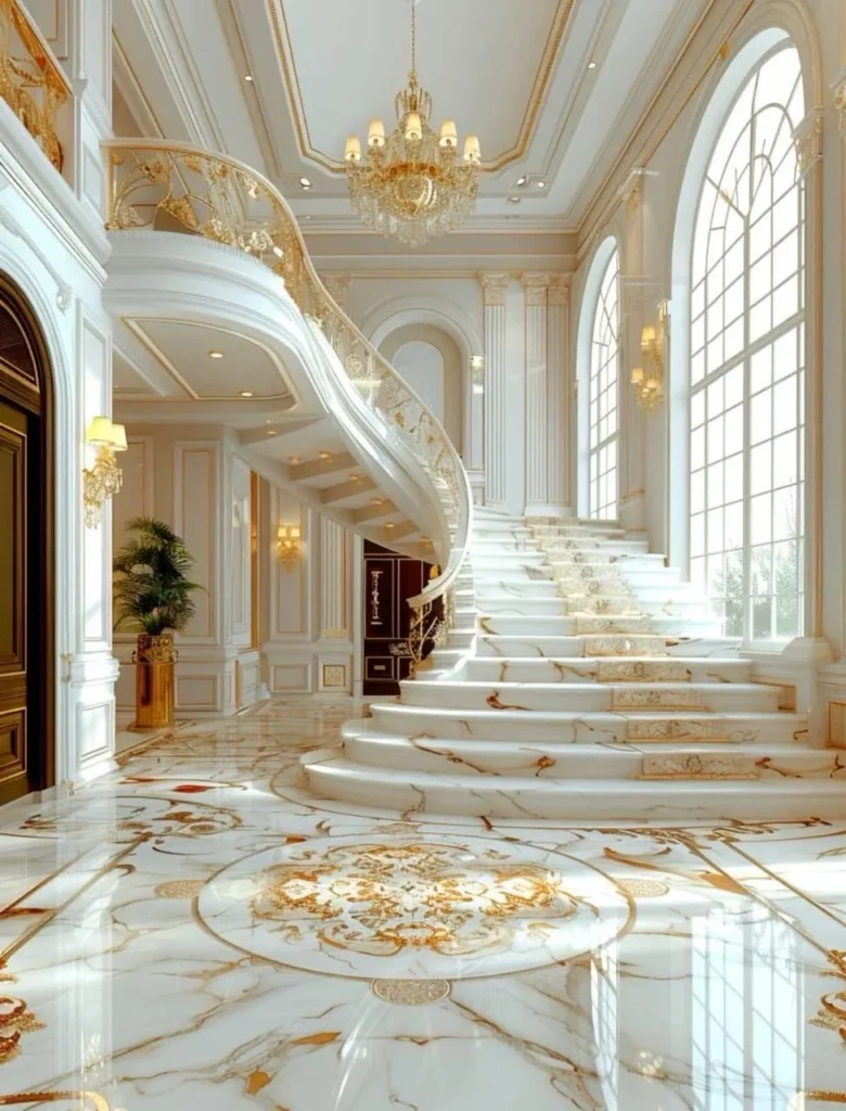 Grand double staircase, luxury ballroom entrance, gold and blue accents.