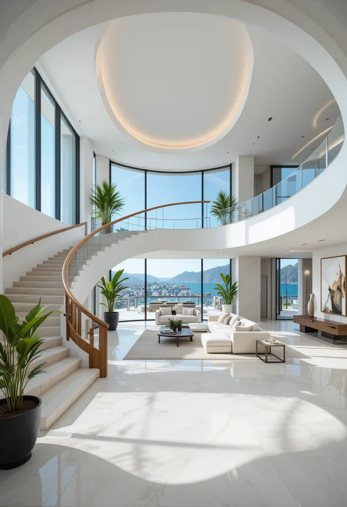 Grand staircase, neoclassical design, curved double staircase, luxury home.