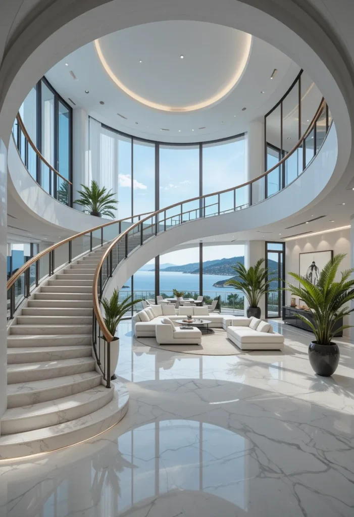 Grand staircase, open-concept design, modern luxury home, bright interior.