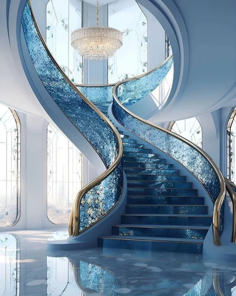 Grand curved staircase, luxury home interior, expansive view.