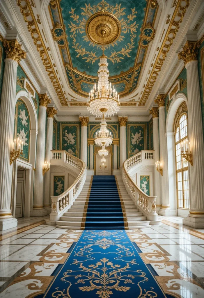 Grand staircase, sapphire glass panels, unique luxury design, artistic.