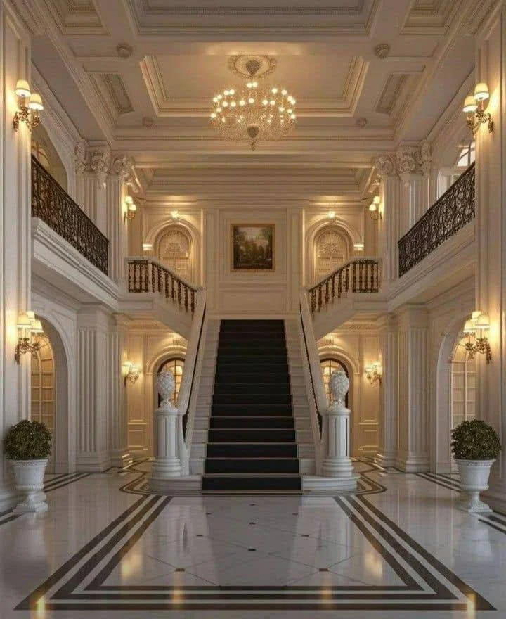 Grand double staircase, teal and gold accents, luxury palace interior.