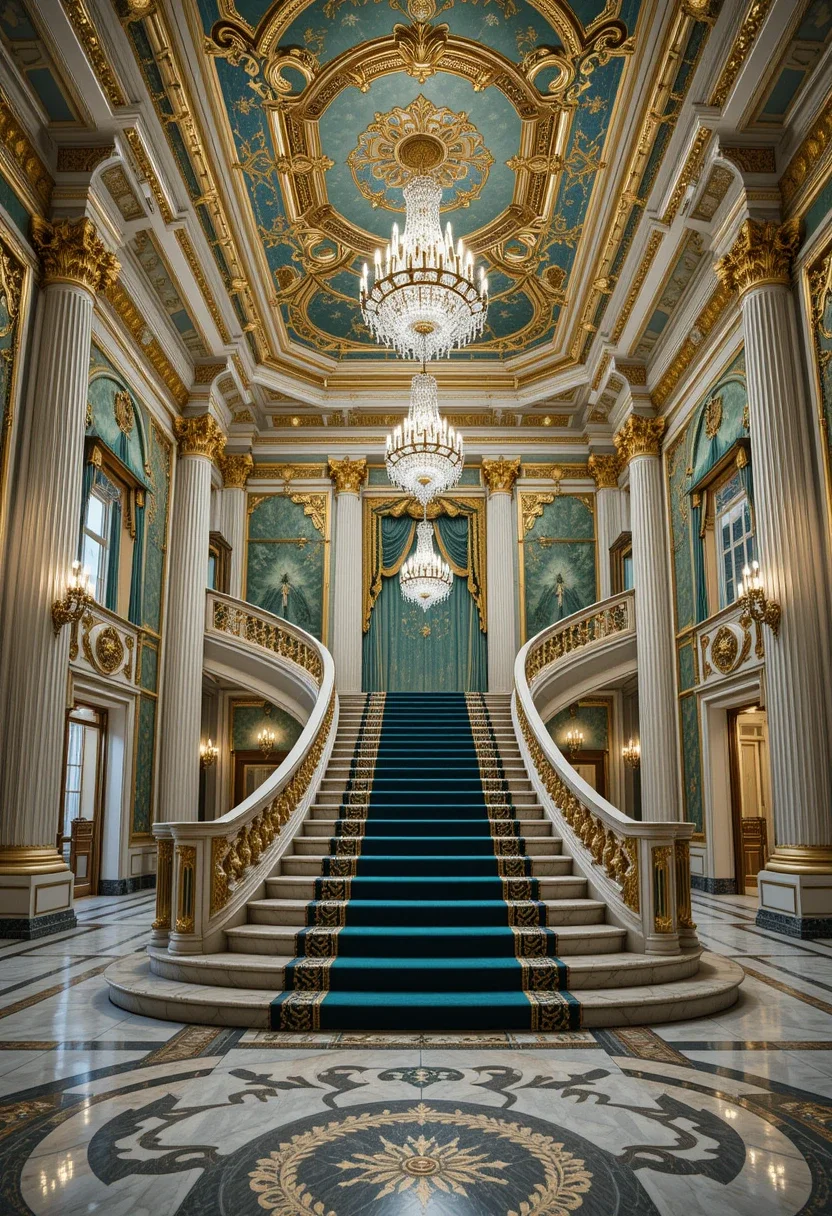 Grand staircase, classic design, dark wood railing, luxury home.