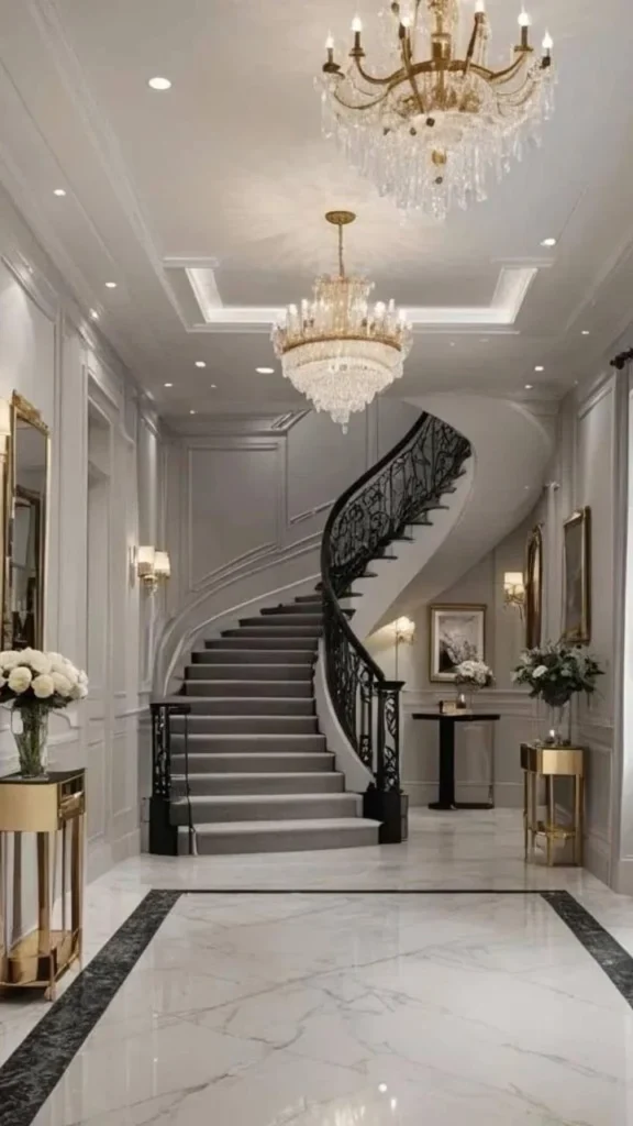 Grand curved staircase, teal carpet, gold accents, luxury design.