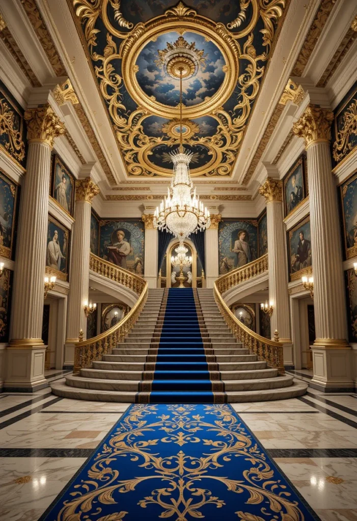 Grand double staircase, historical palace design, gold and blue, opulent.