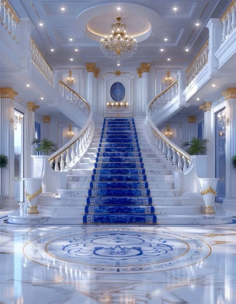 Grand double staircase, royal blue carpet, gold accents, luxury interior.